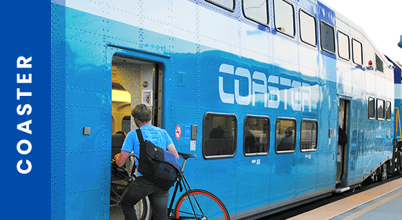 Passenger boarding a COASTER commuter train in San Diego.