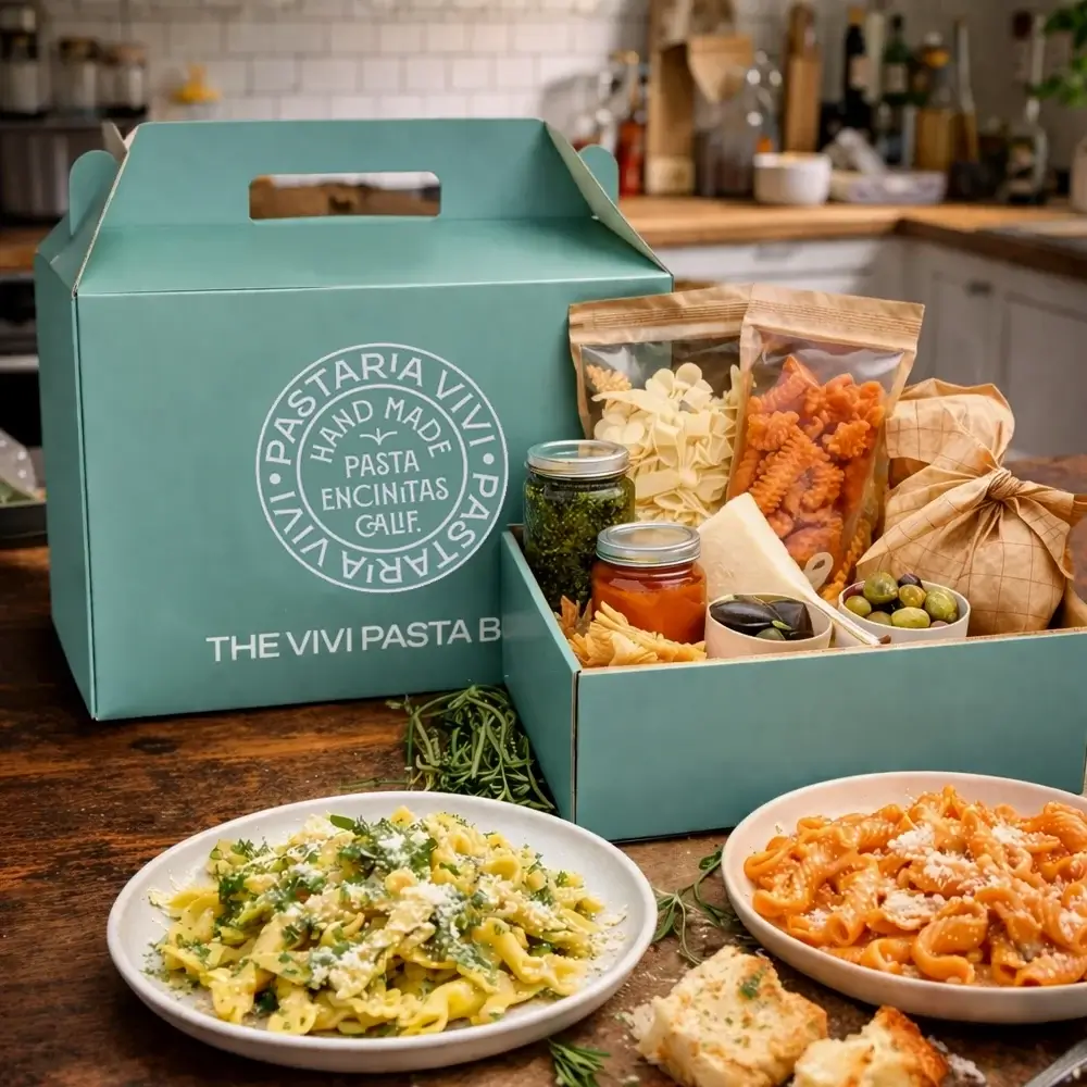 Pastaria Vivi handmade pasta gift box with fresh pasta, sauces, cheese, olives, and prepared pasta dishes.
