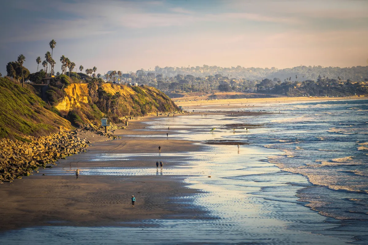 Encinitas beach and coastline at low tide.