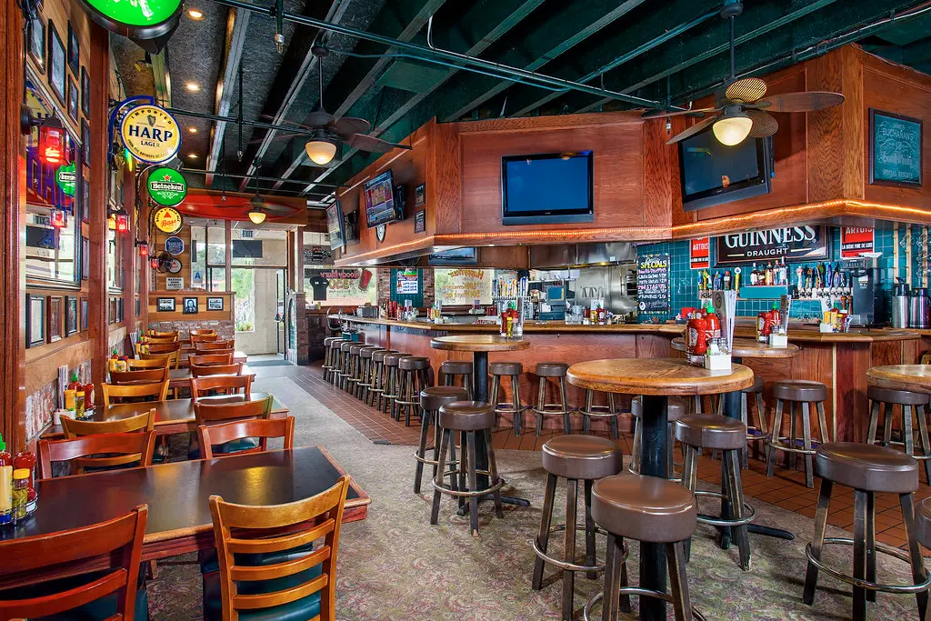 Interior view of a restaurant bar and seating area.